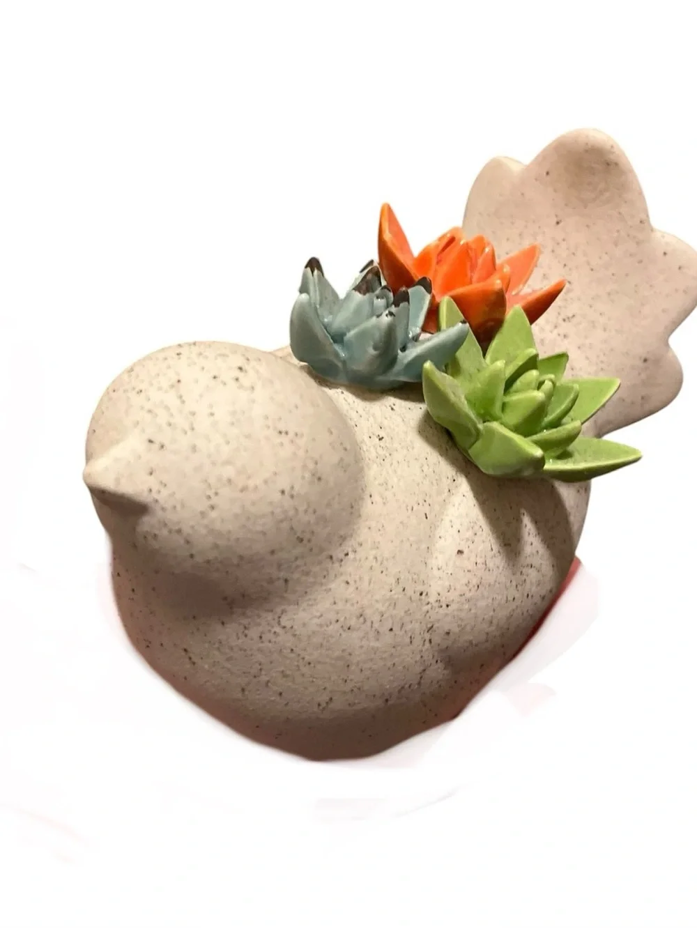 Ceramic Bird figurine in Matt natural speckled finish Colorful Succulent Accents